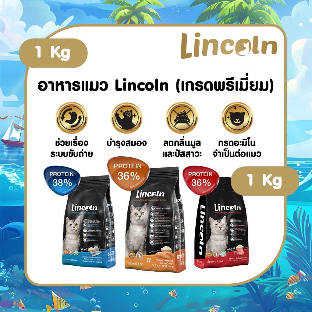 [ 1 แถม 1 ] Lincoln  ขนาด 1 kg   อาหารเม็ดเกรดพรีเมี่ยมสำหรับแมว