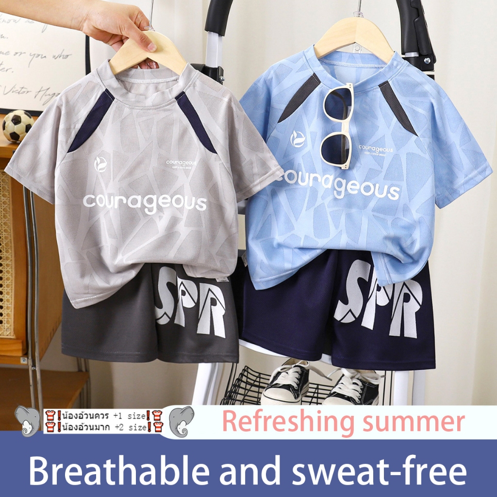 ชุดลำลองเด็ก เสื้อแขนสั้น+กางเกงขาสั้น ลายตัวอักษร แห้งเร็ว ระบายอากาศได้ดี