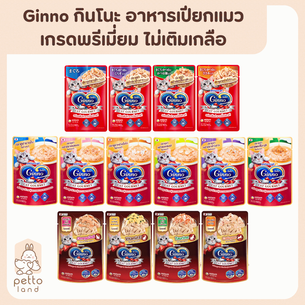 Ginno กินโนะ อาหารเปียกแมว เกรดพรีเมี่ยม 60g ปลีก/ซอง