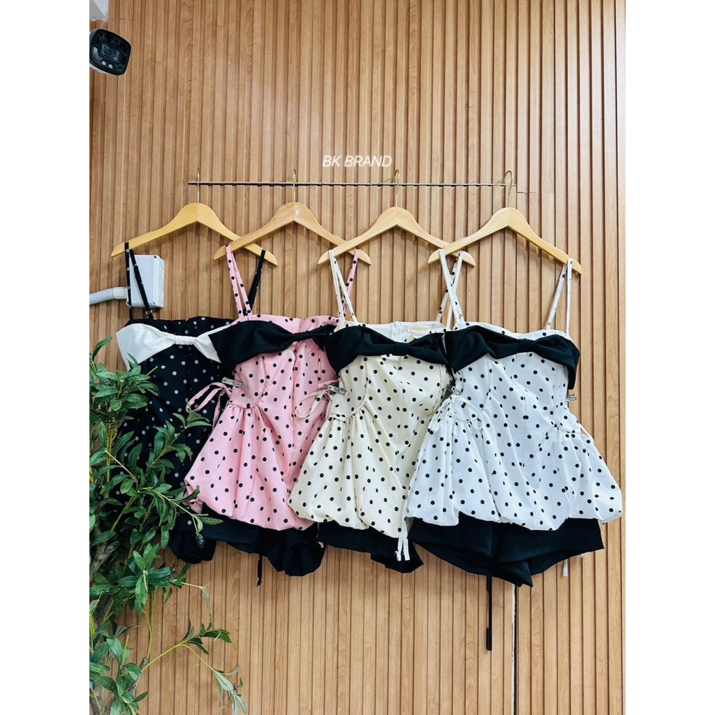 #bk Setมินิเดรสสายเดี่ยว ลายโพวดอท ทรงบอลลูน สายปรับได้มีซิปหลัง งานเสริมฟองน้ำ กางเกงกระเป๋า 2 ข้าง