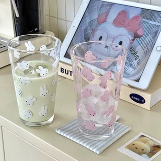 แก้วน้ำ กระต่าย miffy 450 ml มีหลอด แก้วกาฟ ลายกระต่าย น่ารัก สีชมพู วัสดุแก้ว ส่งจากกรุงเทพ