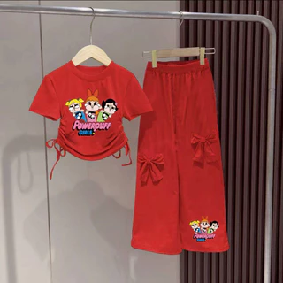 NEWชุดเซ็ทเด็กผู้หญิงน่ารัก เสื้อผูกโบว์ข้าง+กางเกงแต่งโบว์ รุ่น4108