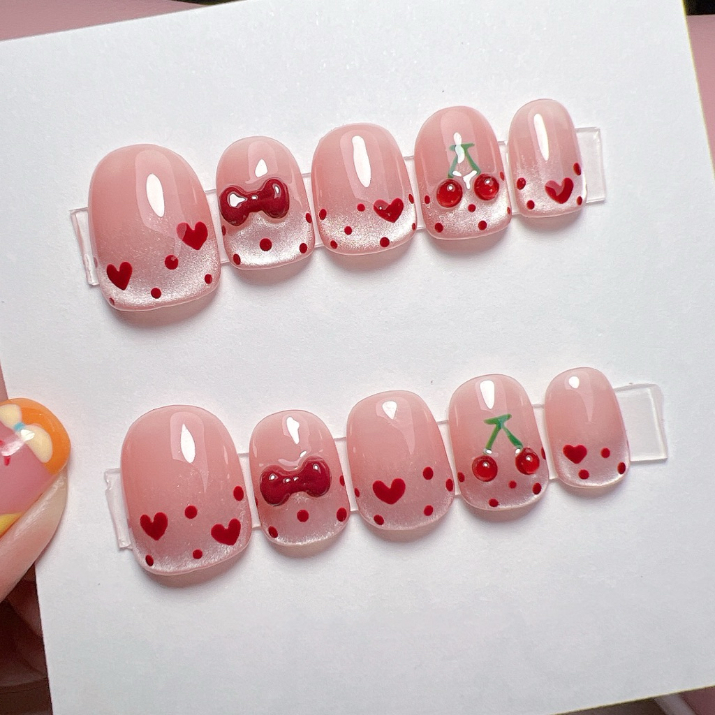 เล็บปลอมเจล ลายลูกแก้ว+เชอรี่น่ารักๆ🍒 สีเจลแท้ 100%