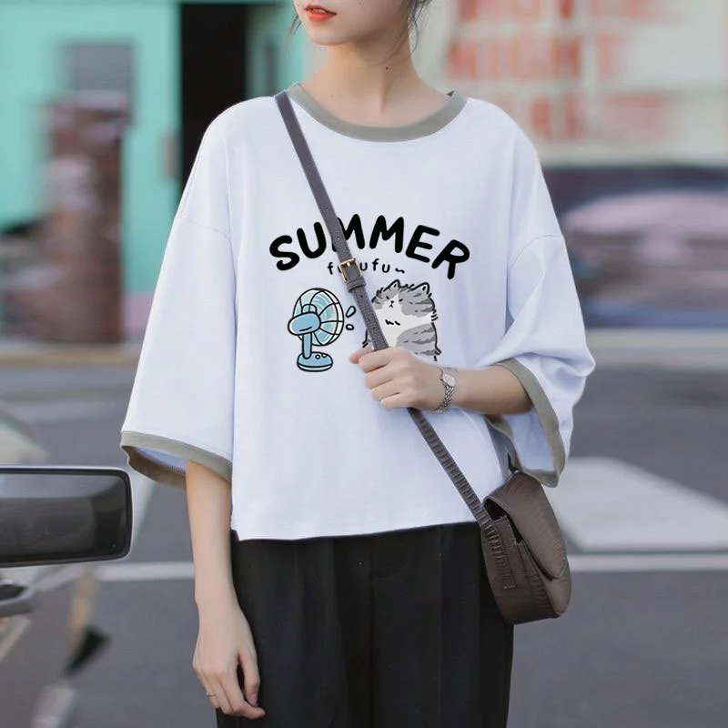 เสื้อครอปสาวอวบอ้วนไซส์ใหญ่ oversize เสื้อผ้าแฟชั่นวัยรุ่นน่ารัก เสื้อยืดลายการ์ตูนสวยๆผู้หญิงฤดูร้อนใหม่ แขนห้าส่วนสีทู thumbnail 6