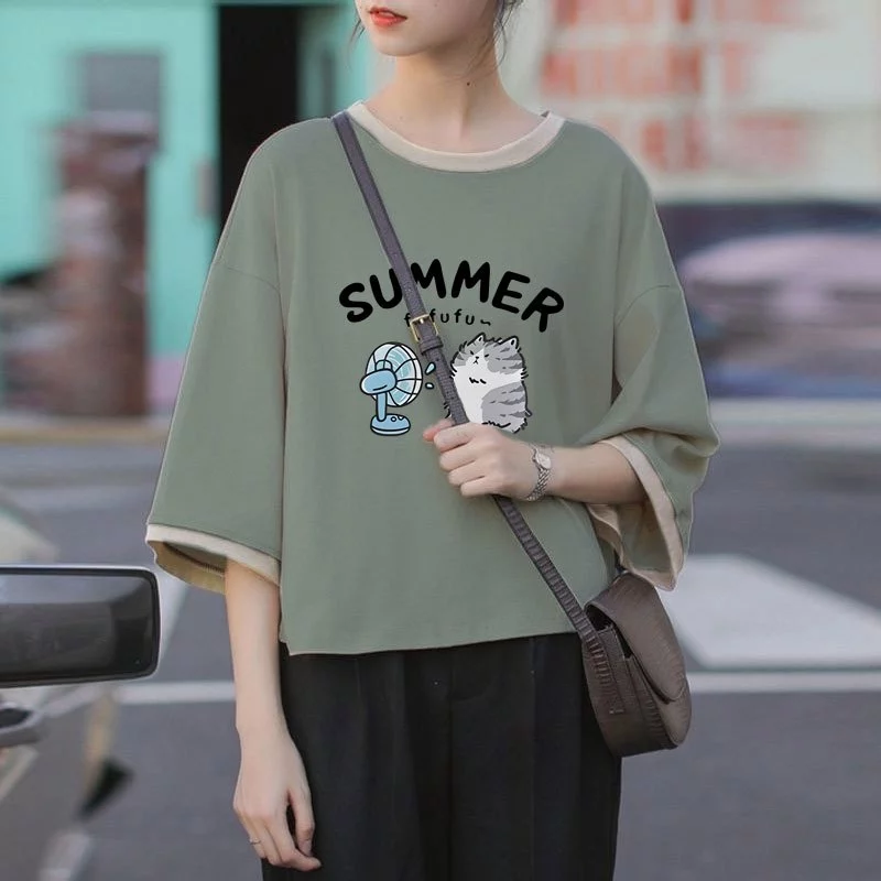 เสื้อครอปสาวอวบอ้วนไซส์ใหญ่ oversize เสื้อผ้าแฟชั่นวัยรุ่นน่ารัก เสื้อยืดลายการ์ตูนสวยๆผู้หญิงฤดูร้อนใหม่ แขนห้าส่วนสีทู thumbnail 4