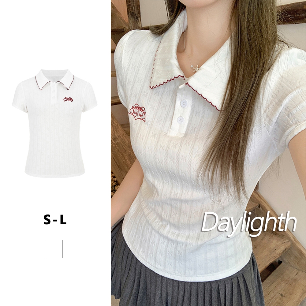 เสื้อยืดคอโปโลแขนสั้นทรงเข้ารูปสำหรับผู้หญิง ปักลายแจ็คการ์ด สีหวานสุดฮอต DL