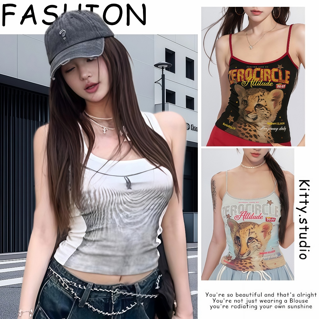 Kitty พร้อมส่ง🌊เสื้อกล้าม🌊เสื้อแขนกุดผู้หญิง พิมพ์ลายเท่ๆเสื้อสายเดี่ยวทรงเข้ารูปY2K เซ็กซี่แฟชั่น สไตล์เกาหลี ไปคาเฟ่