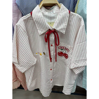 (อก 50“) เสื้อเชิ้ตแขนสั้น >>ปักเชอร์รี่<< 🍒 **ผ้า bubble 🌈