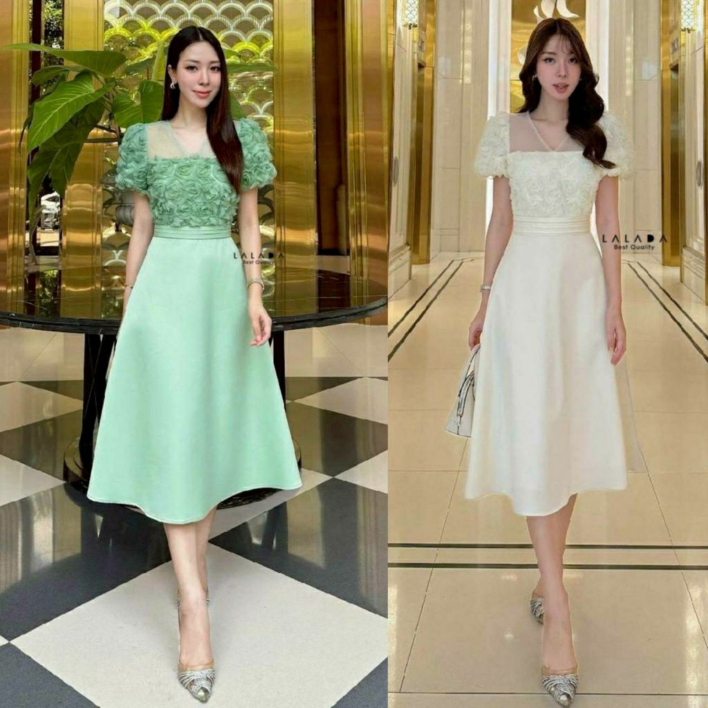 (XS-XL) LALADA 📣พร้อมส่งเดรสแต่งดอกไม้3Dช่วงอกและแขนกระโปรงบานสวยช่วงเอวแต่งขอบทรงสวยเข้ารูปเนื้อผ้าดี