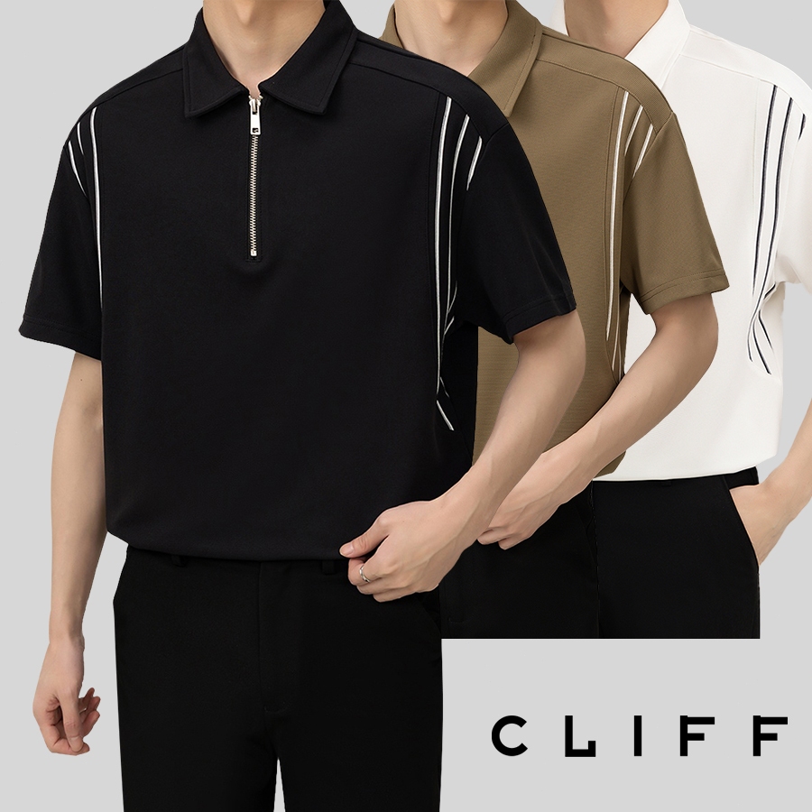 CLIFFเสื้อยืดผู้ชายครึ่งซิป  การออกแบบสีตัดกัน  แขนสั้นเรียบง่าย  เสื้อผ้าผู้ชายแฟชั่น  ลำลองแมทช์ลุคง่าย