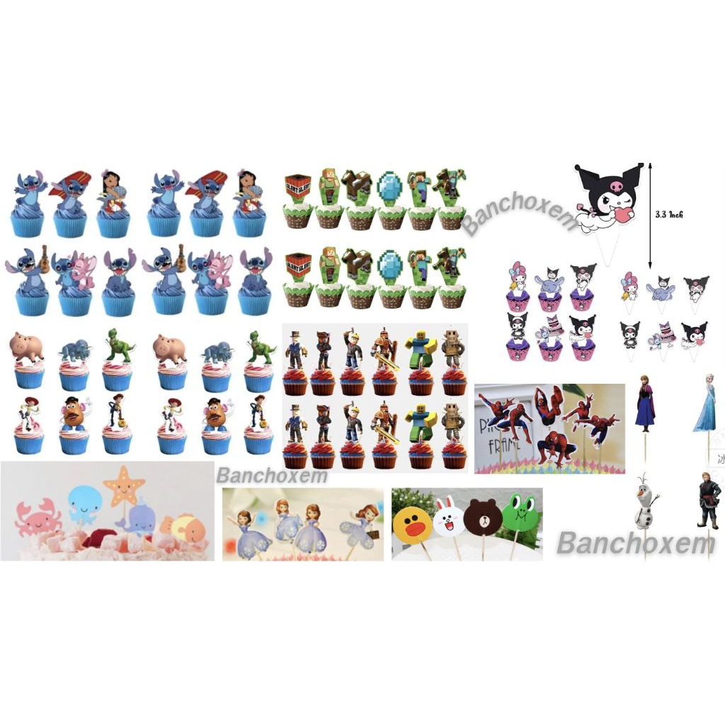 ป้ายคัพเค้กตกแต่งเค้ก คัพเค้ก12ชิ้น ป้ายตกแต่งเค้ก Minecraft Roblox Stitch Kuromi Toystory แพ็ค 12ชิ้น
