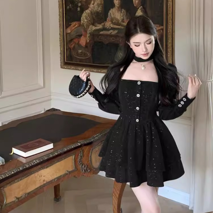 🚚พัทยา เดลิเวอรี่🚚 เดรสสีดํา กระโปรงยาวเกาหลี เดรสไซส์ใหญ่ ชุดราตรี กระโปรงทรงเอ ชุดเดรสทำงานผู้หญิง เดรสสาวอวบ