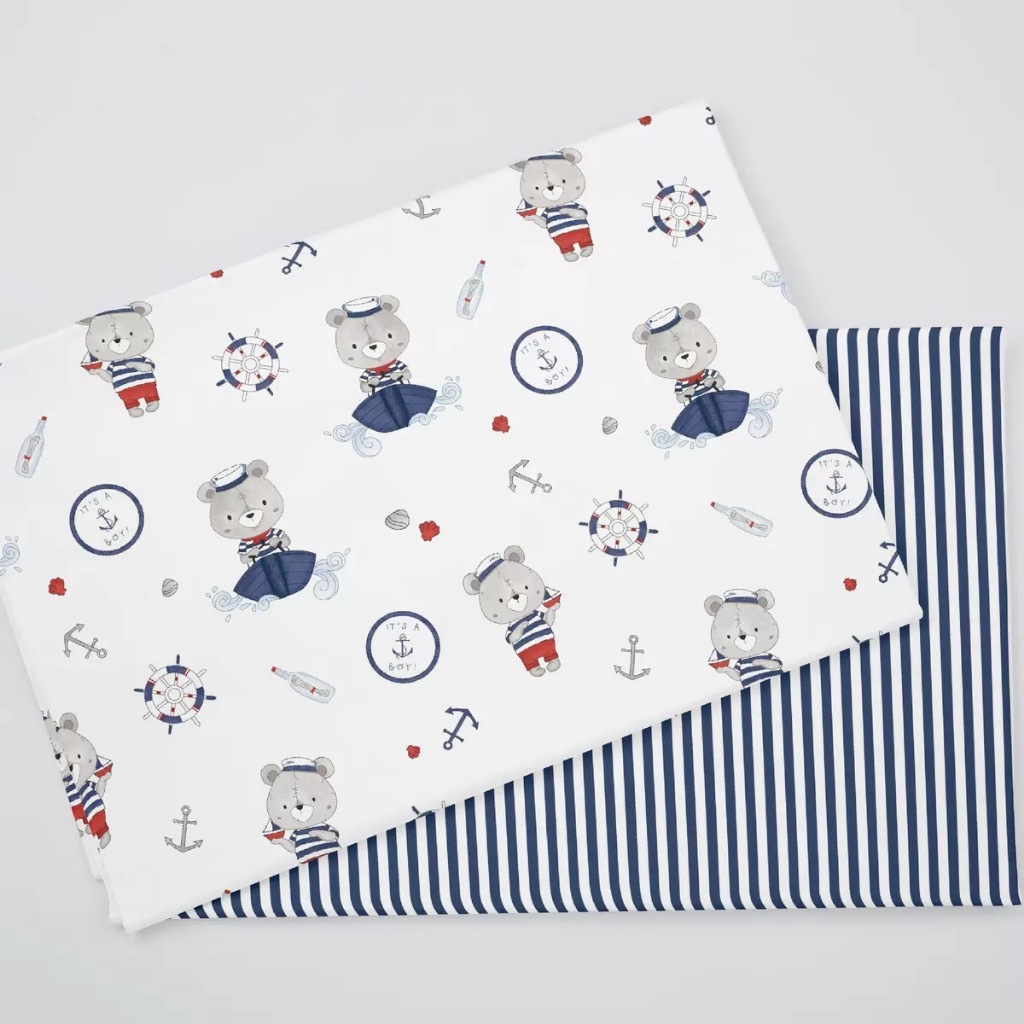 ผ้าคอตตอน 100% คอตตอนทอทวิล ผ้าเมตร ตัดขายเป็นเมตร ผ้าหน้ากว้าง 1.6 เมตร พิมพ์ลายกัปตันหมีน้อย