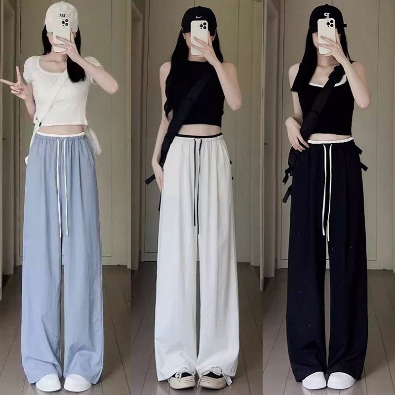 พร้อมส่งจากไทย💥 กางเกงขาม้าผู้หญิง ขาใหญ่ กางเกงลำลอง กางเกงแห้งไว เอวสูง ทรงหลวม โปร่งสบาย สวมใส่สบาย #F048