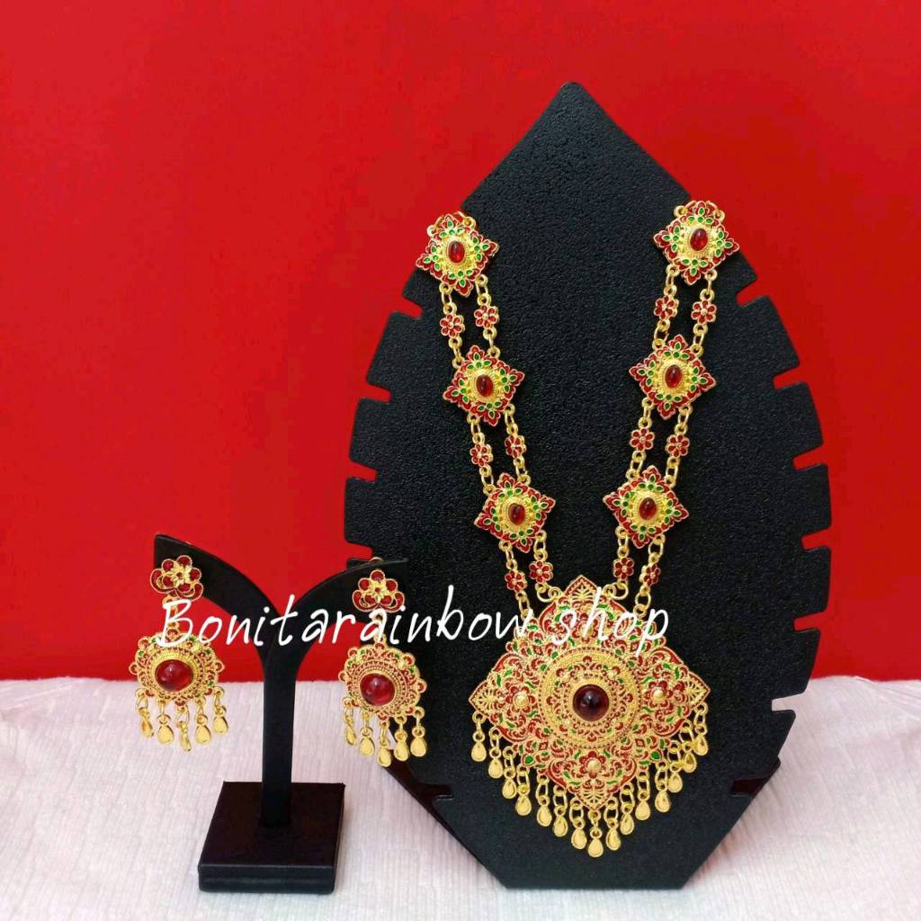 สร้อยคอพร้อมต่างหูงานลงยาประดับพลอย (ต่างหูแบบหนีบ) เครื่องประดับชุดไทยสีทอง สามารถใส่ได้ทั้งเด็กและ