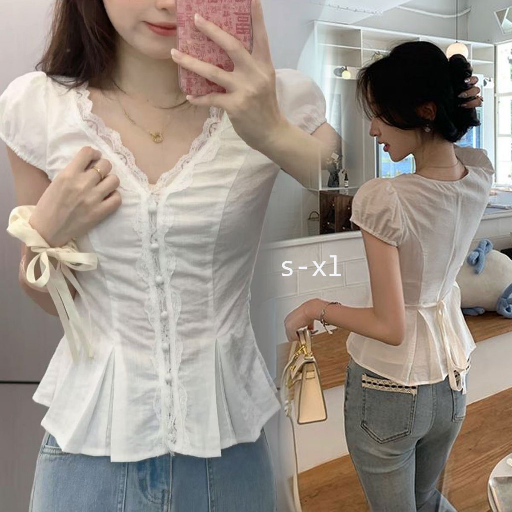 Dahong W631 เสื้อเชิ้ตแขนสั้นลูกไม้ สไตล์เกาหลี คอวี สำหรับผู้หญิง