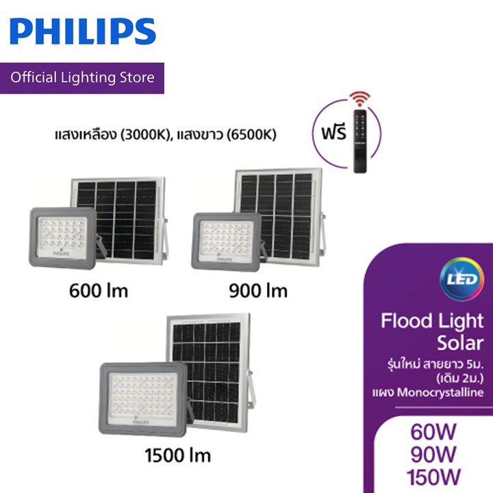 Philips Lighting Solar โคมไฟสาดพร้อมแผงโซลาร์ ฟรีรีโมท สายยาว 5m. แผงMono
