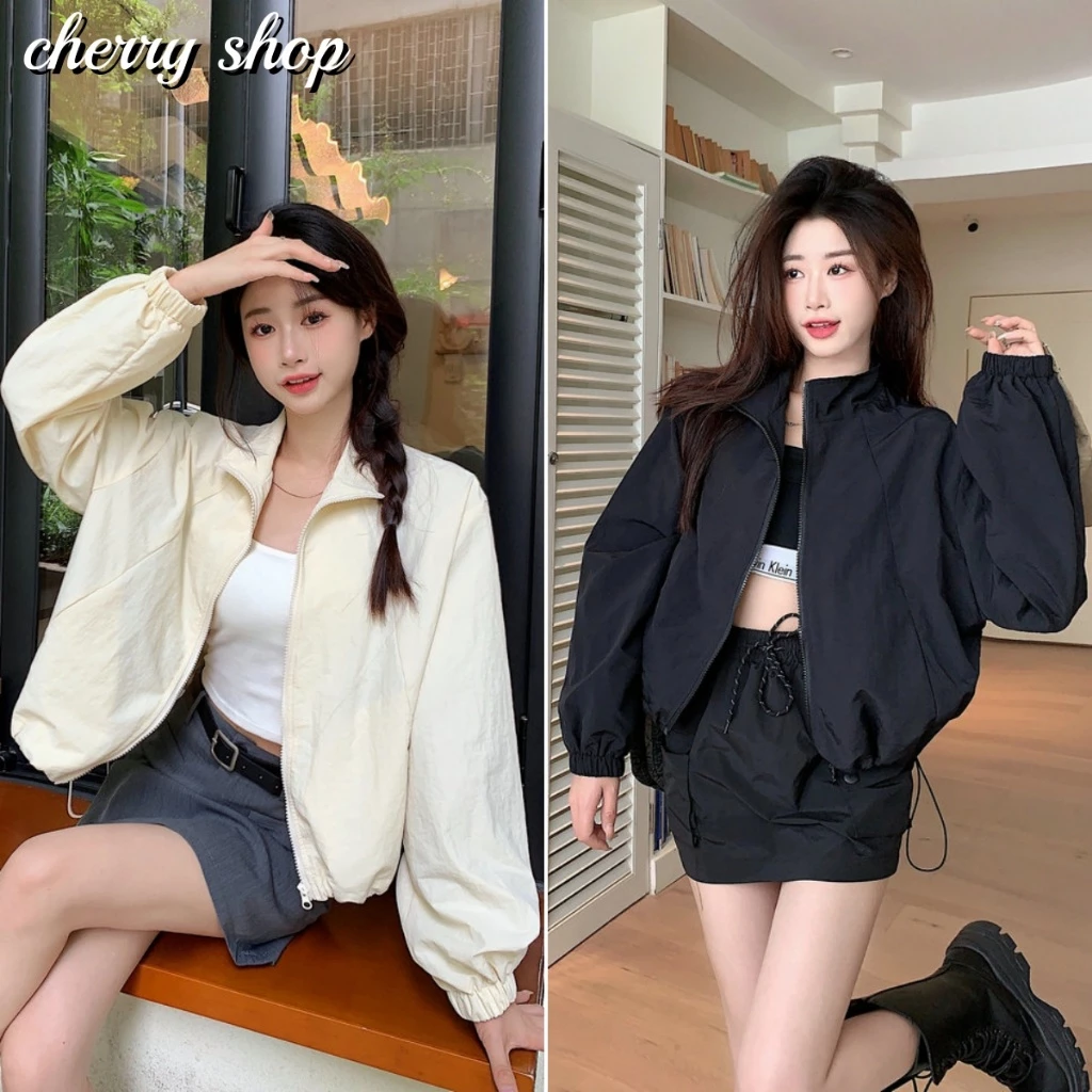 cherryshop พร้อมส่ง แจ็คเก็ตกันแดดกันแดดสั้นแฟชั่นสําหรับผู้หญิงรุ่นเกาหลี การออกแบบซิปและเชือกผูก ทรงสวย สุดฮิต