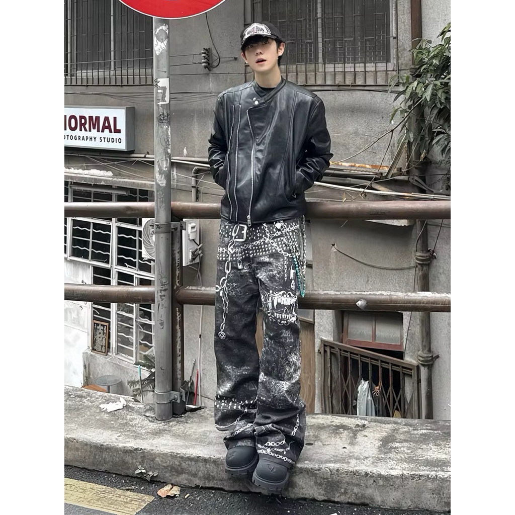 8200 กางเกงยีนส์ทรงกระบอก ลายกราฟฟิค3Dทั้งตัว ทรงBaggy วินเทจ