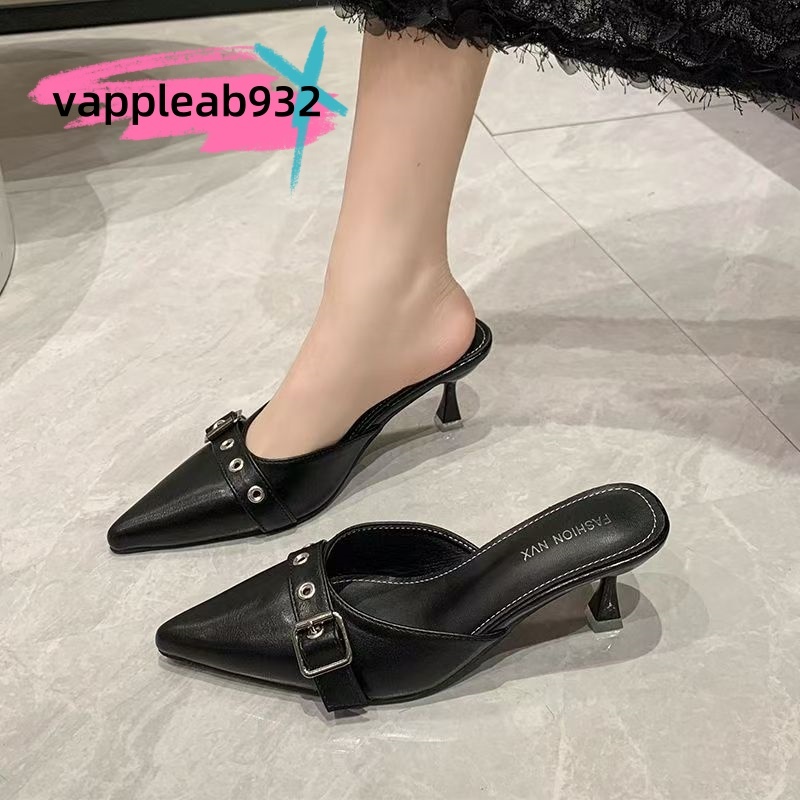 🔥จัดส่งใน24ขั่วโมง🔥รองเท้าแตะหุ้มปลายส้นหนา ✨ แซตินห่วงโซ่ปลายแหลม ราคาถูก - รูปที่ 5