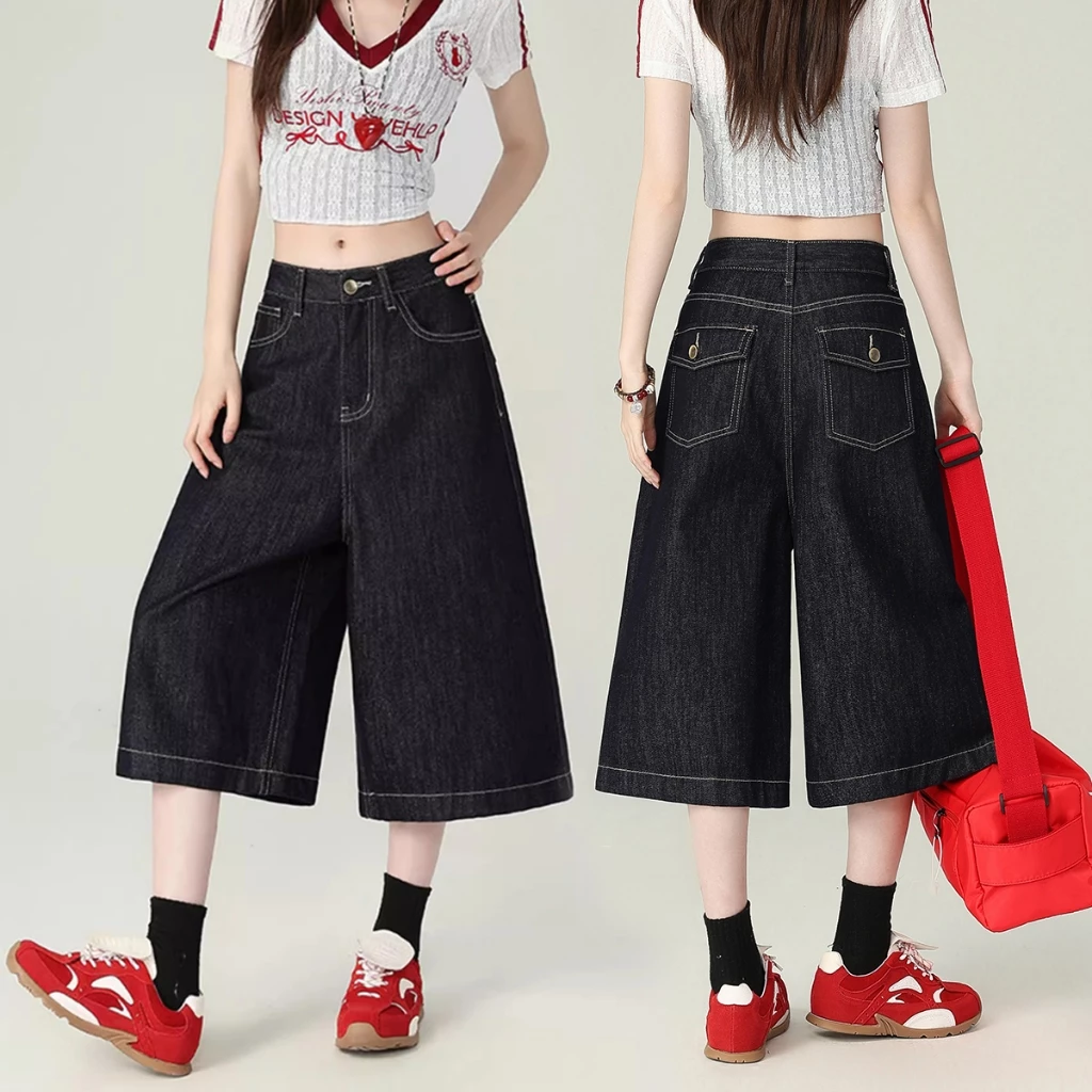 S~5XL สุภาพสตรีฤดูร้อนขากว้างกางเกงยีนส์เทรนด์หลวม Capris กางเกงขาสั้นลำลองร้อยกางเกงยีนส์ขาสั้น
