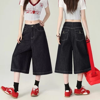 S~5XL สุภาพสตรีฤดูร้อนขากว้างกางเกงยีนส์เทรนด์หลวม Capris กางเกงขาสั้นลำลองร้อยกางเกงยีนส์ขาสั้น