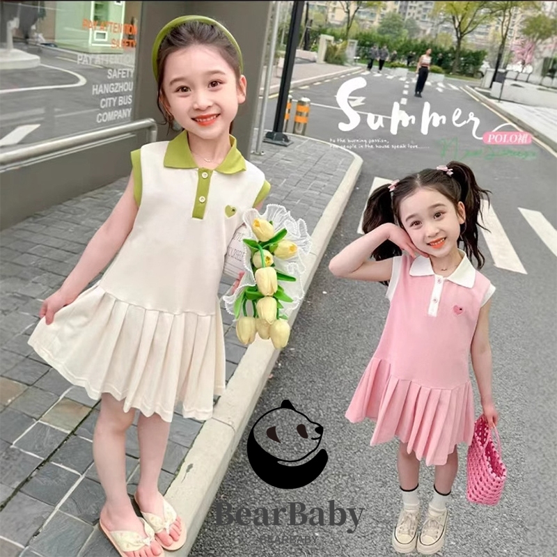ชุดเดรสเด็กผู้หญิง ชุดกระโปรงโปโลเด็ก แขนกุด สีสดใส สำหรับเด็ก1-12ขวบ พร้อมส่ง