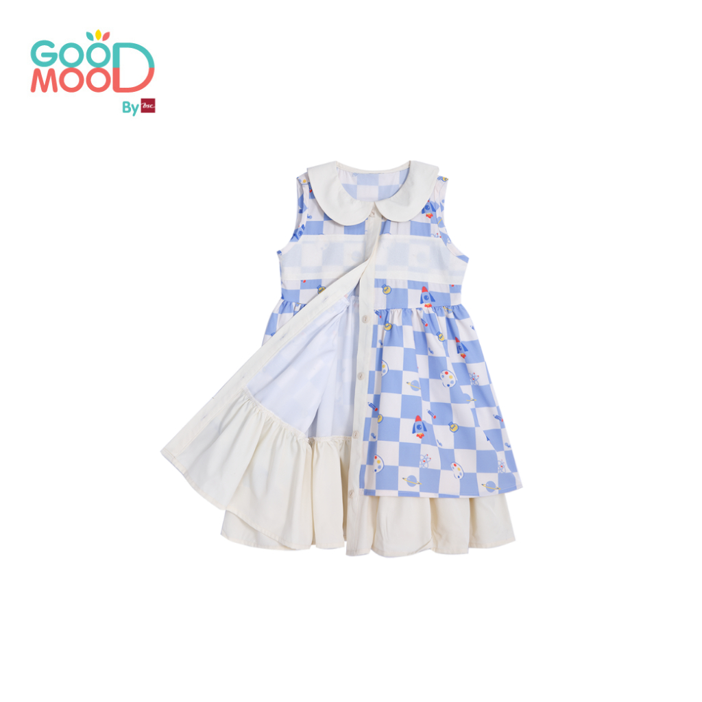 Good Mood by bsc ชุดกระโปรงแขนกุดคอบัวพิมพ์ลายตารางสีฟ้า+PATCHES 4 ชิ้น สำหรับเด็กอายุ 2-3 ปี ผ้าไหมอิตาลี่ - รูปที่ 2