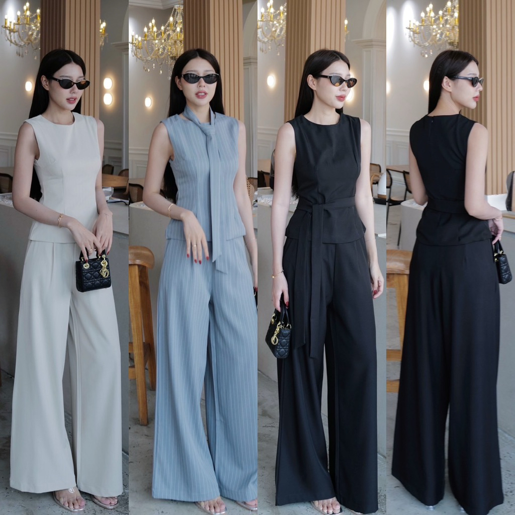 FK : เซ็ต 3 ชิ้น เสื้อแขนกุด เข้ารูป กับ กางเกง ขายาว กระเป๋า ข้าง ซิปหลัง ลายริ้ว กับ เชือกผูก คอ เ