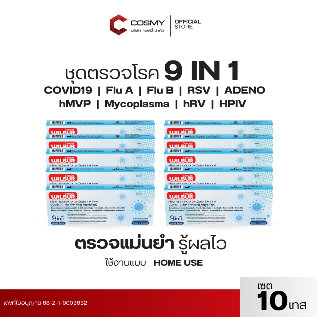 [เซต 10,20,50] Wilbur 9 in 1 ตรวจหาเชื้อ 9สายพันธุ์ Covid-19 ไข้หวัดใหญ่ A+B hMPV RSV+ADV HPIV ไมโครพาสม่า FOR HOME USE