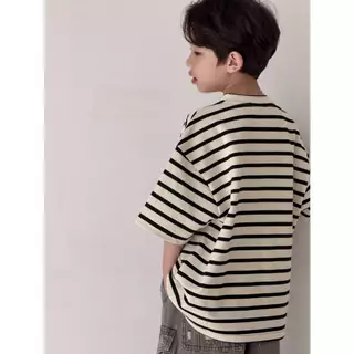 [ส่งไวจากไทย] *แค่เสื้อ* เสื้อยืดคอกลมเด็ก เสื้อแขนสั้นลายริ้ว ทรงโอเวอร์ไซส์ งานปักช่วงอก หล่อๆเท่ๆ เหมาะสำหรับ 5-14 ปี