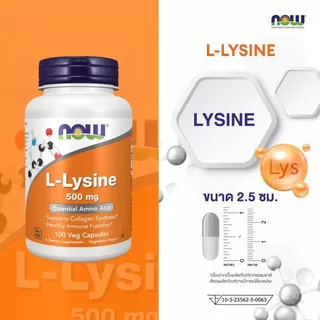NOW Foods, L-Lysine, 500 mg, 100/250 Veg Capsules ผลิตภัณฑ์เสริมอาหาร แอล-ไลซีน 500 มก.