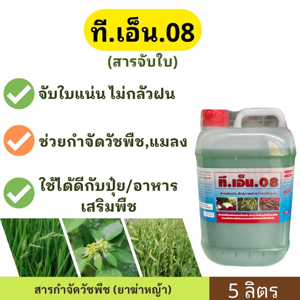 ที.เอ็น.08 (จับใบ) 5 ลิตร ช่วยเสริมประสิทธิภาพสารกำจัดวัชพืช สารช่วย (สารจับใบ/สารลดแรงตึงผิว)