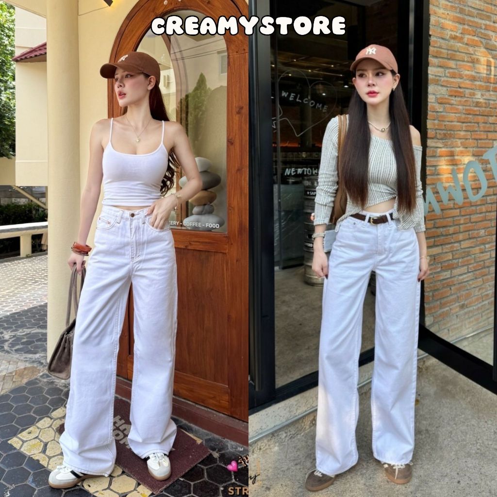 CreamyStore กางเกงยีนส์ขากระบอกกลาง สีขาว ผ้าไม่ยืด ป้ายYam' jeans🍨