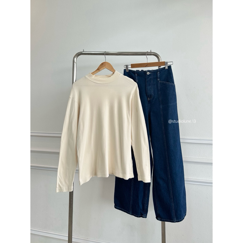 Gu เสื้อยืดคอจีน สีครีม L(10)-22