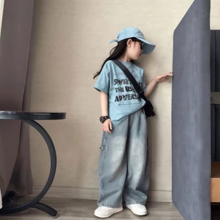 Beryl kids🌸กางเกงขายาวแฟชั่นเด็ก🎀กางเกงยีนส์ขากว้างเด็กผู้หญิง เอวสูง แบบหลวม สบาย เนื้อนุ่ม งานเย็บอย่างดี ใส่ได้ทุกฤดู