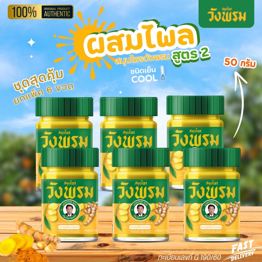 [แพ็ค 6 ขวด] <ขวดแก้ว> ยาหม่องผสมไพล สูตร 2 ขนาด 50 กรัม