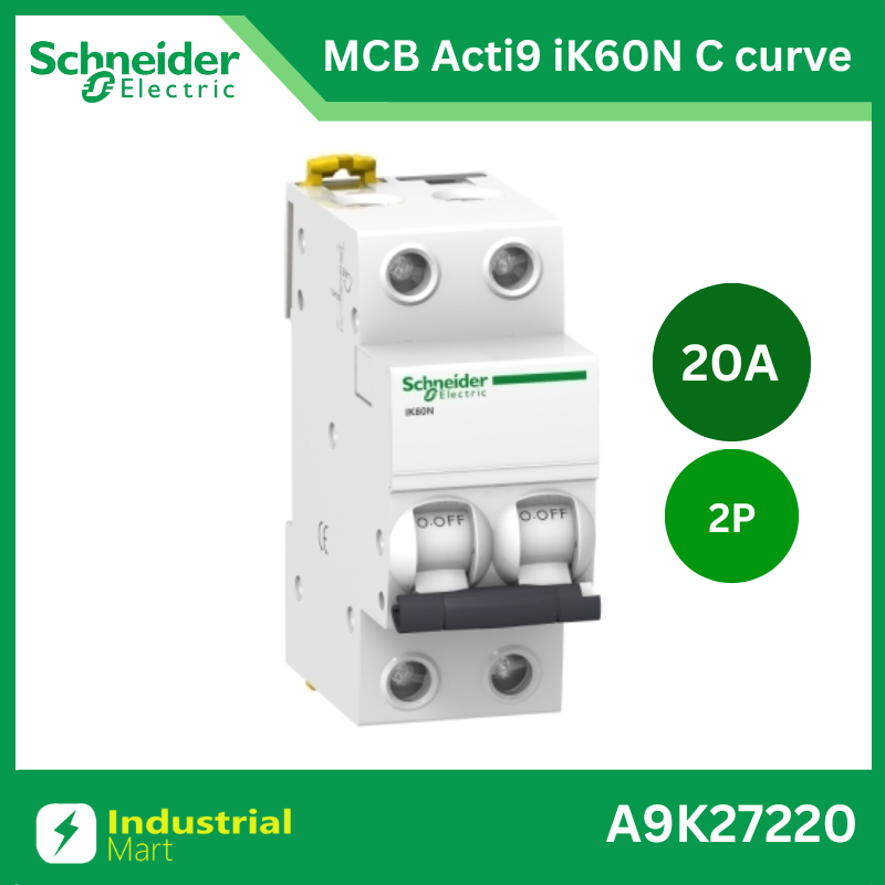 Schneider Electric A9K27220 Miniature circuit breaker, Acti9 iK60N, 2P, 20A, C curve, 6000 A, 6kA