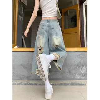 Swan shop กางเกงยีนส์ขา6ส่วนผู้หญิง ทรงหลวม เอวสูง สไตล์วินเทจ แต่งขาดแฟชั่น