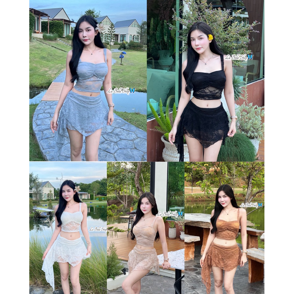 mnv_shop  เชต2ชิ้น เสื้อผ้าลูกไม้+กระโปรงมีชับในเป็นกางเกงาน