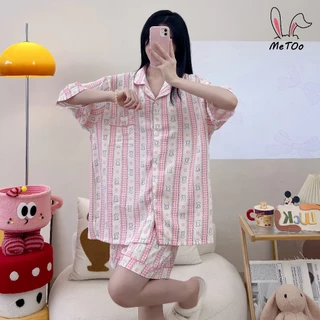MeToo ชุดนอนผ้าไหมญี่ปุ่น แขนสั้นขาสั้น ลายมินิมอล ผ้าบางผ้านิ่มใส่สบายมาก ผู้หญิง ชุดนอนคาร์ดิแกน + กางเกงนอน