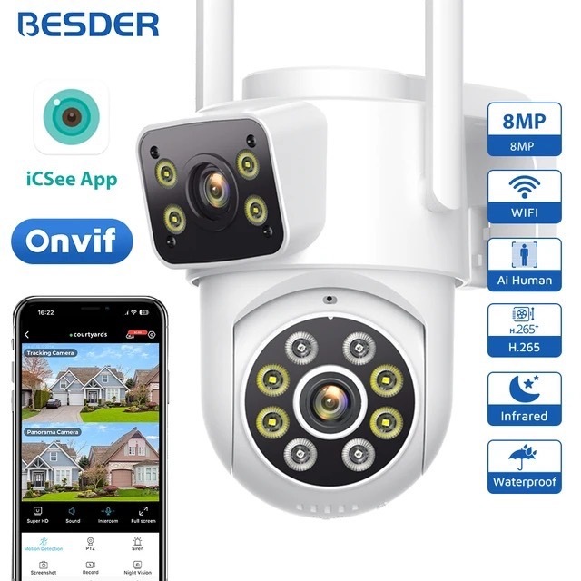 【ICSEE กล้องวงจรปิดแบบเลนส์คู่】กล้องรักษาความปลอดภัย IP กลางแจ้ง, กล้องวงจรปิด WIFI 360 องศา, 4K, 8M