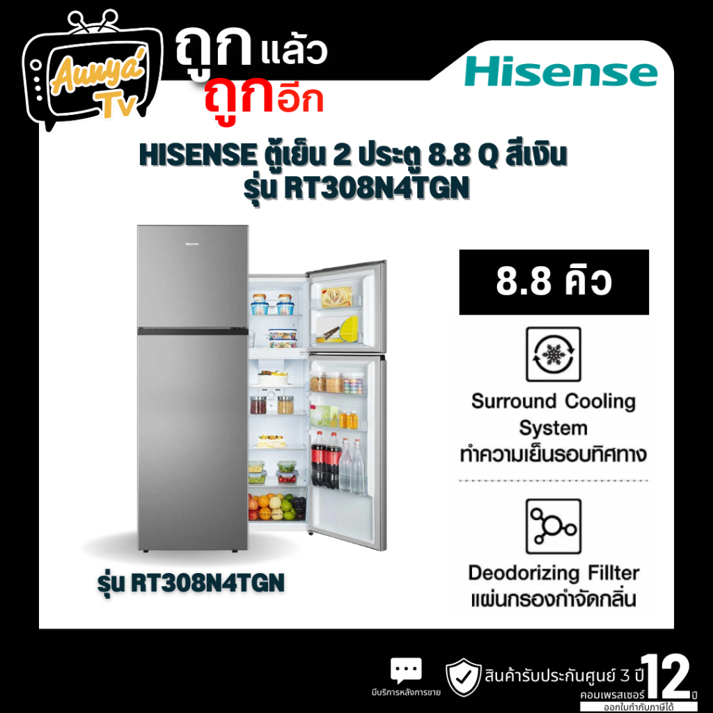 HISENSE ตู้เย็น 2 ประตู HISENSE รุ่น RT308N4TGN 8.8 คิว สีเงิน อินเวอร์เตอร์