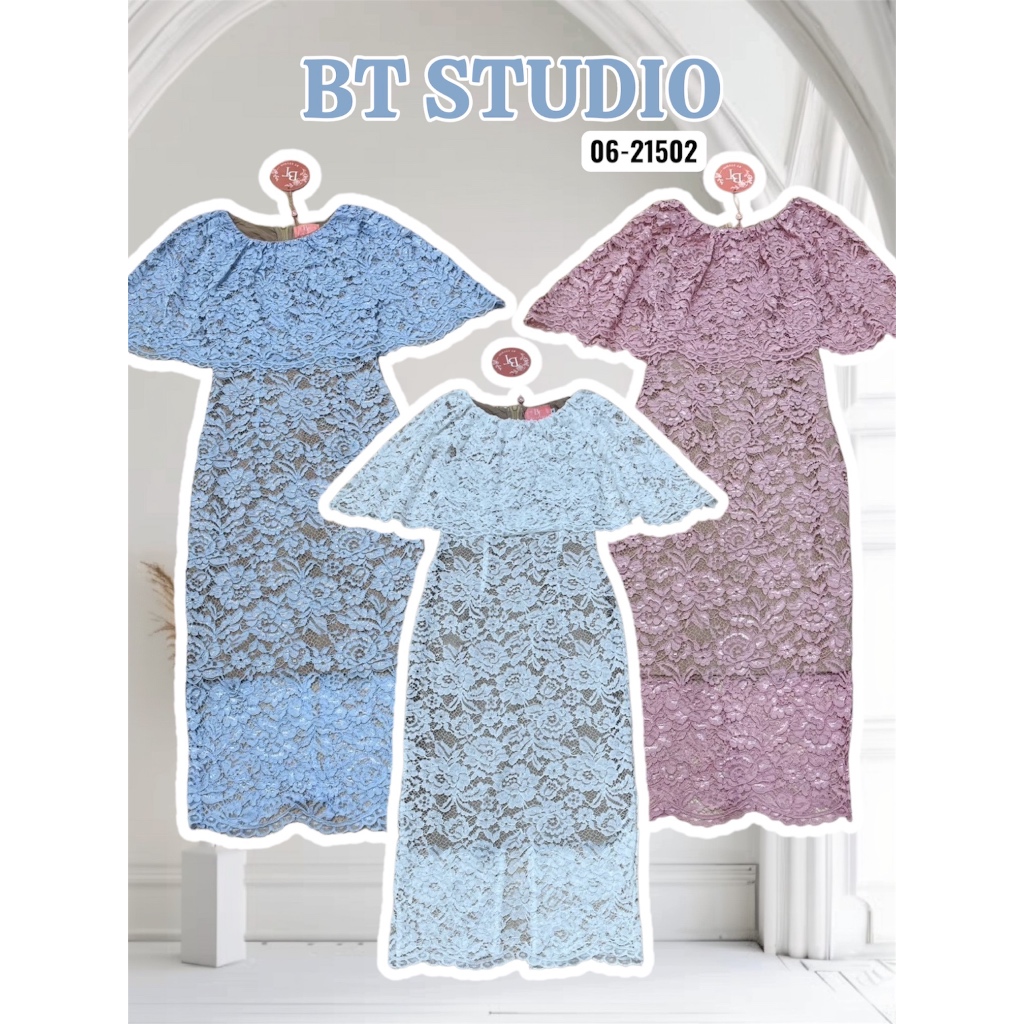 BT 06-21502 เดรสยาวผ้าลูกไม้แขนกุดแต่งระบายปิดช่วงไหล่ หลังเล็กน้อย ซับในสีน้ำตาล ใส่ทำบุญ ออกงาน วั