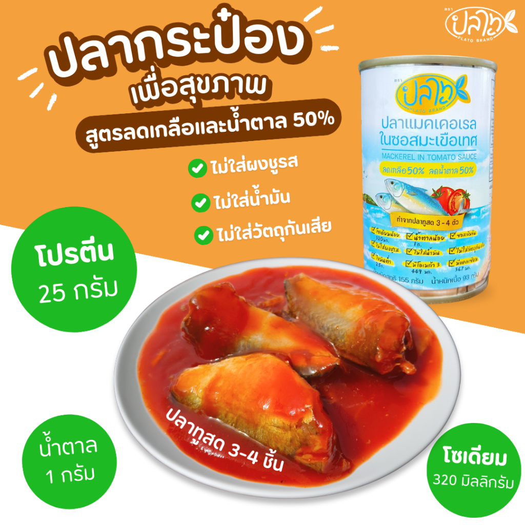 ปลากระป๋อง ปลาแมคเคอเรลในซอสมะเขือเทศ ตราปลาทู  สูตรลดเกลือและน้ำตาล 50% (ขนาด 155 กรัม x แพค 10 กระป๋อง)