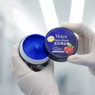 สครับมาญา MAYA สครับแบรนด์มายาและ สบู่มายา สครับกระปุกสีน้ำเงินสูตรอัลฟ่าอบูติน