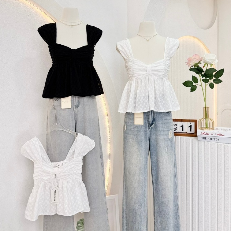 Mone top : เสื้อกล้าม เย็บจีบหน้าอก ชายระบาย เนื้อผ้าปักดอกไม้ KN.Clothes