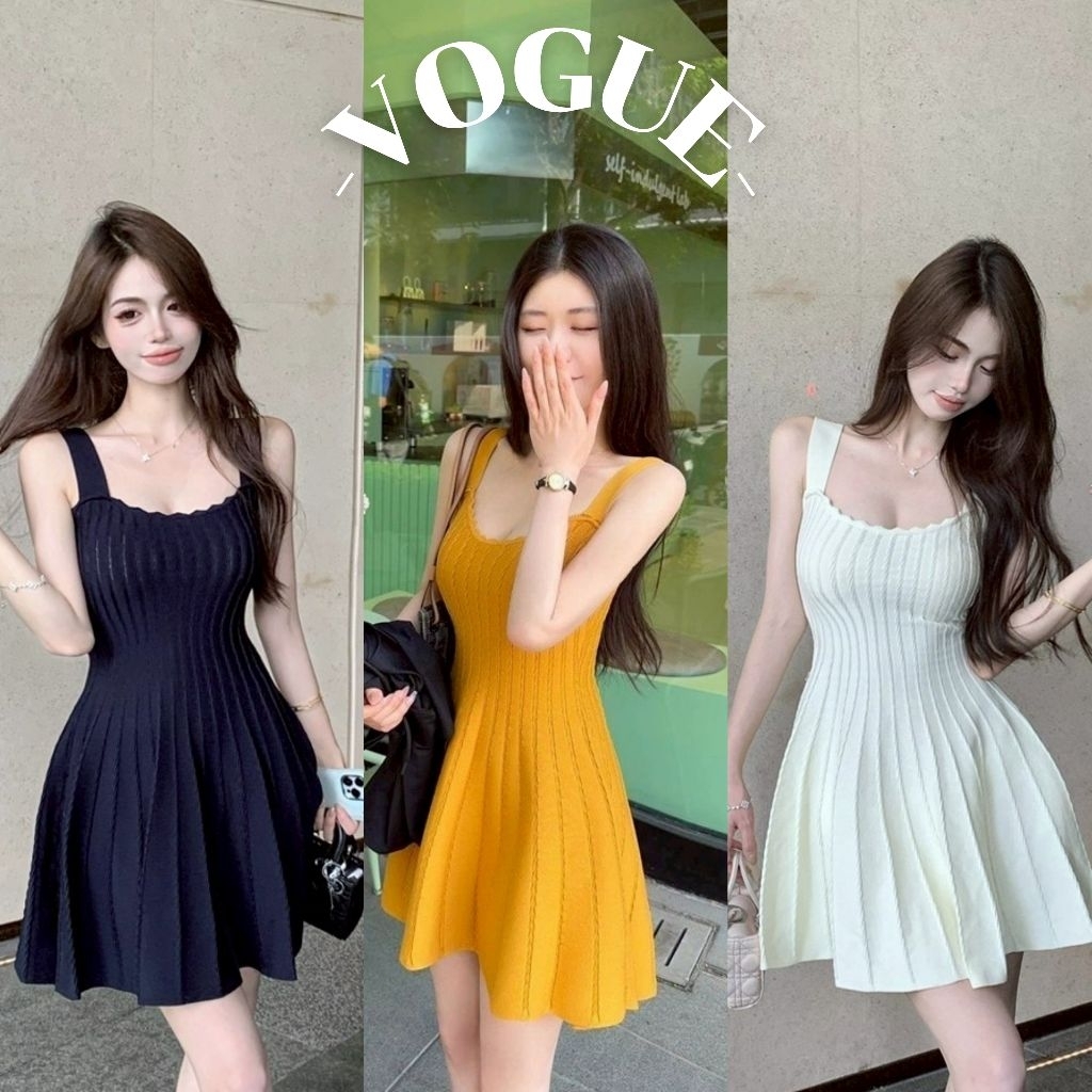 Vogue🌟พร้อมส่ง🌟 ชุดเดรสสายเดี่ยวแบบปักลายผ้าถักแฟชั่น กระชับเอวให้ดูเรียว (U223)
