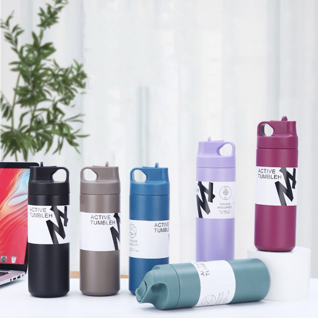 Minimal Tumbler Design กระบอกเก็บความเย็น สแตนเลส 304 ฝาพับ มีหลอดดูดน้ำที่ฝา มีหูหิ้ว ขนาด 550 ml