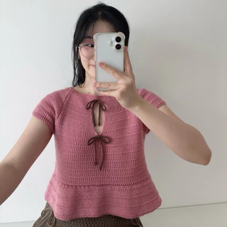 MOMOKA.KNIT🍑 เสื้อลายถักแขนสั้น ดีเทลโบว์🎀 Cute Knit Girl🌷